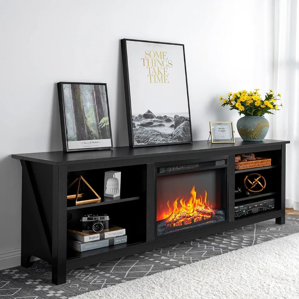 Krbová televízna stojan, zábavné centrum pre drevo s 23 '' Elektrickým krbom Farmhouse Entertainment Stand Media Televízna konzola