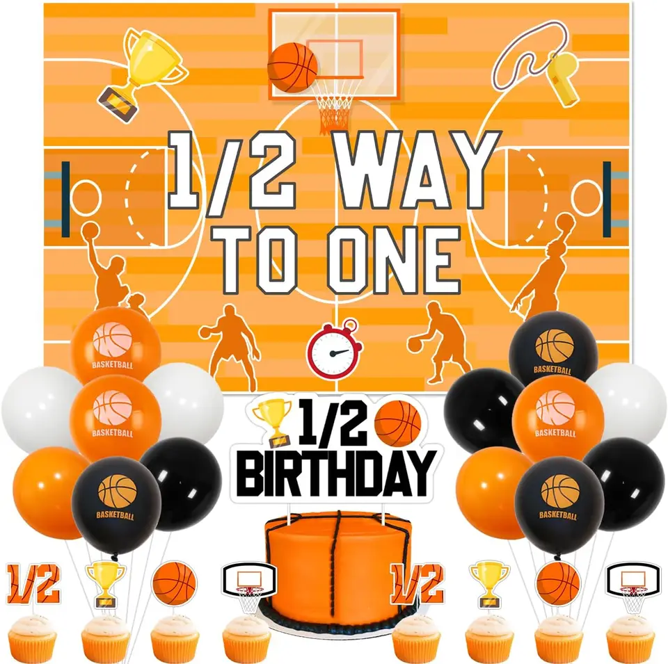 Kreat4joy basketbal pol narodeninové dekorácie Športové tematické 1/2 cesty na jeden pozadie narodeninová torta Topper Trophy a Balloons Set