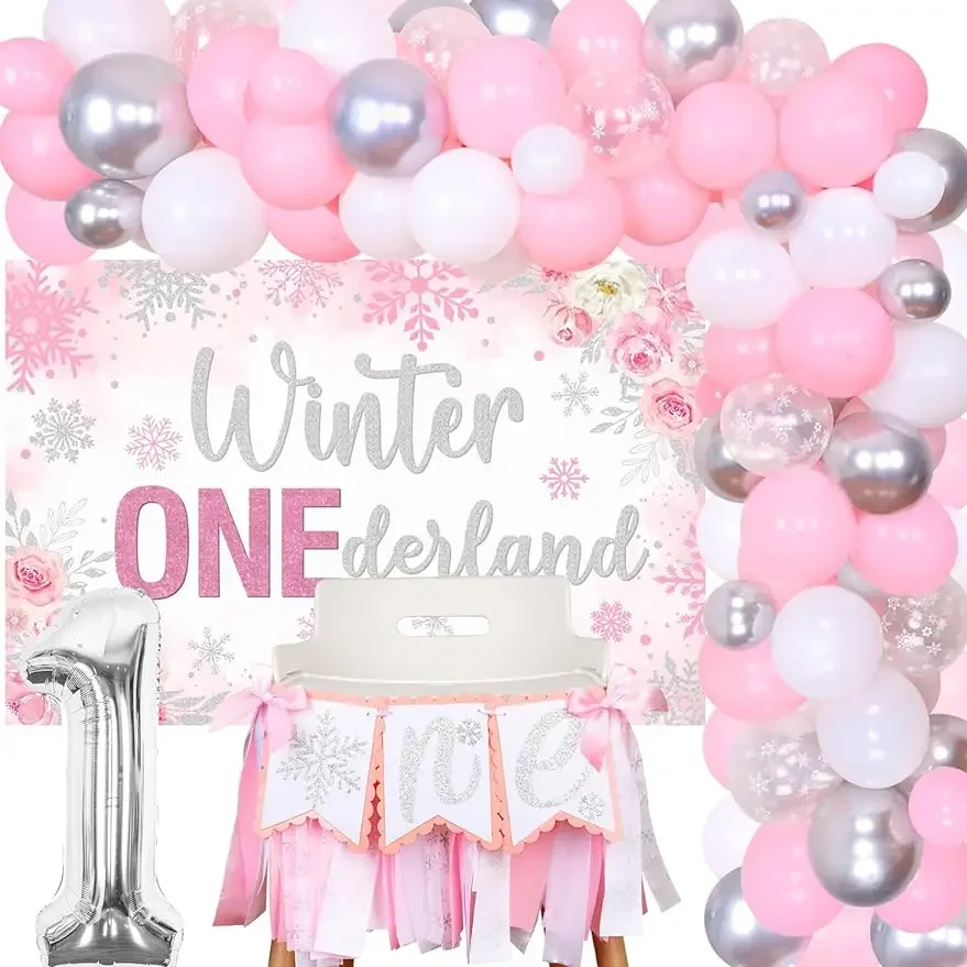 Kreat4joy Winter OneDerland First Birthday Girl Dekorácie - Arch Set, Zimné pozadie vysoké stoličky Banner Narodeninové oslavy Dodávky