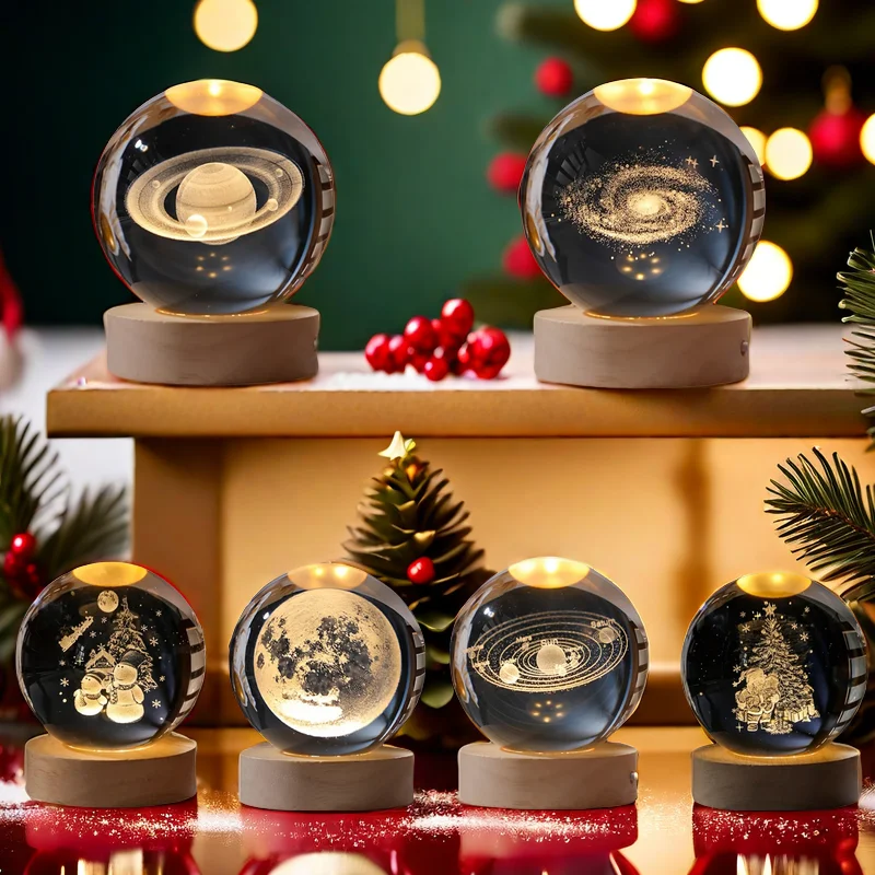 Kreatívna 3D krištáľová guľová slnečná slnečná sústava Santa Claus Pattern USB LED Nočné svetlo pre spálňu Ambient Light Deti vianočný darček