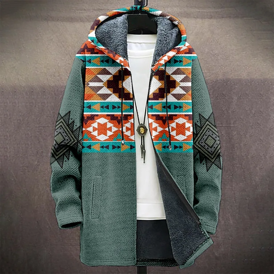 Kreatívna novinka azték prvky 3D tlač zimné rukávy mikiny zips zipsové muži fleece vonkajšie oblečenie teplého dlhého štýlu kabáty