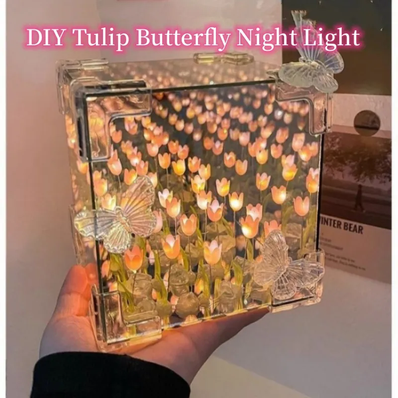 Kreatívna Rubik's Cube Tulip Butterfly Night Light DIY kvetinové more atmosféra svetlo akrylová dekorácia batéria/USB svetlá