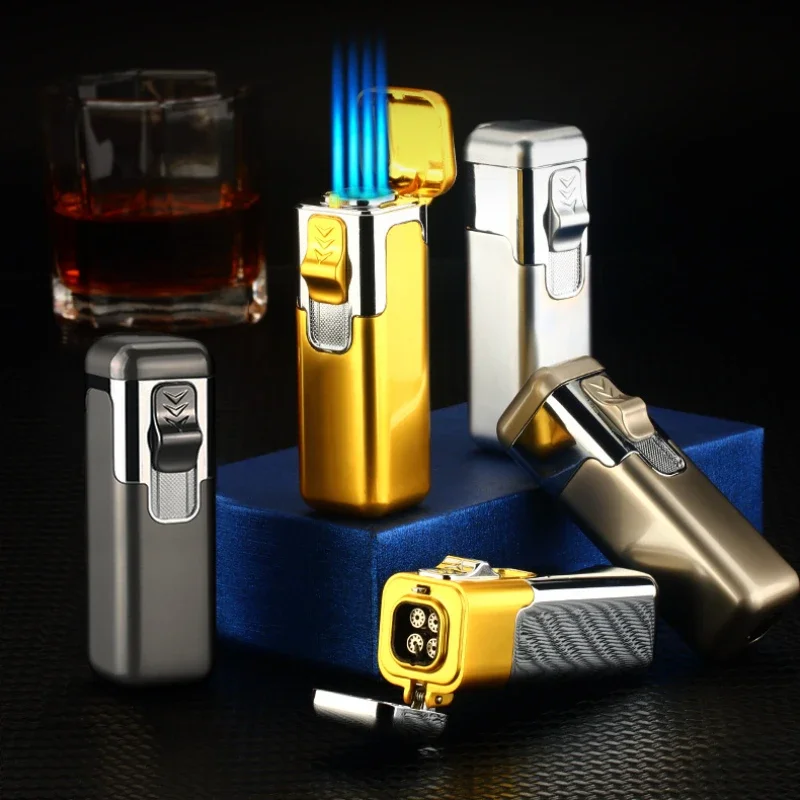 Kreatívna silná palebná sila butánový plyn Zapaľovač Turbo 4 TORCH BLUE FLAME Vysokotlakový prúdový rovný cyklus cigaret Spater Pánsky darček