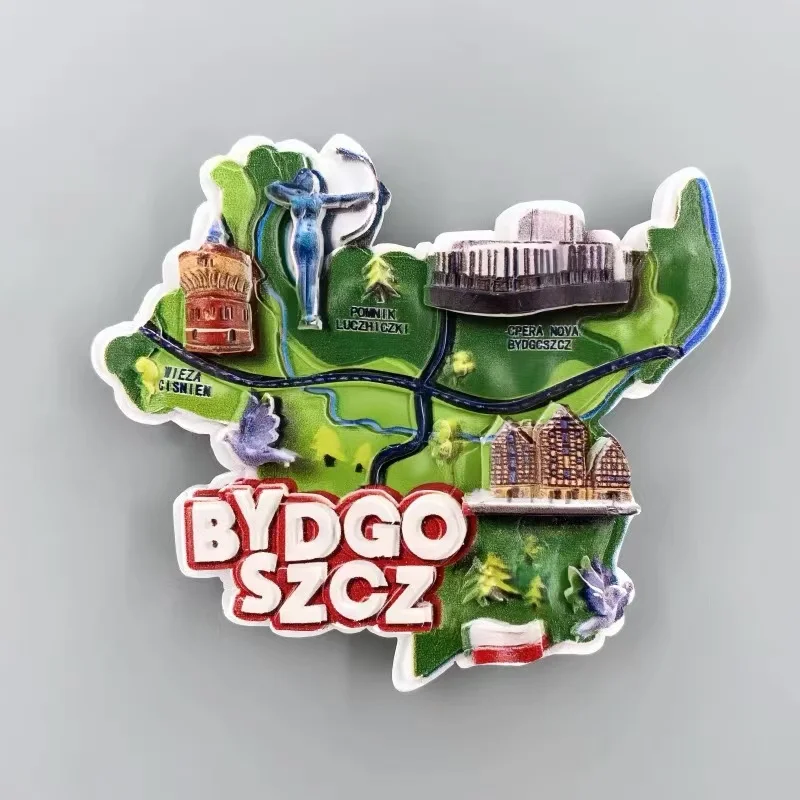 Kreatívna živica geografická mapa Identifikácia dekorácie Magnetická nálepka chladničky pre turistické suveníry v Bydgoszcz, Pola
