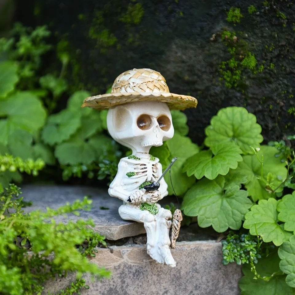 Kreatívna živicová rybárska lebka Ozdobenie nádvoria Terrárium záhradné príslušenstvo miniatúrna kostra figurín Halloween dekorácie