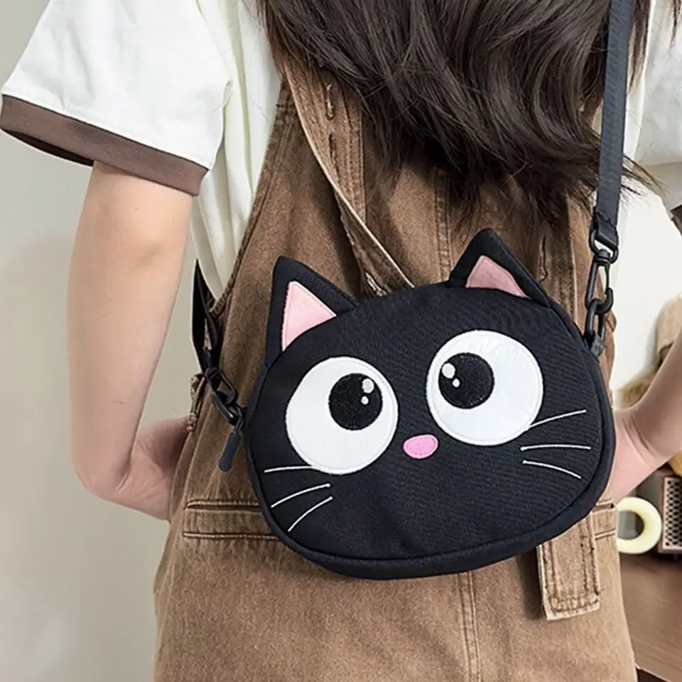 Kreatívne deti vrecko na rameno veľkú kapacitu Čierna mačka Mini karikatúra Cat Bag Canvas nastaviteľný remienok Kawaii Coin Peaps
