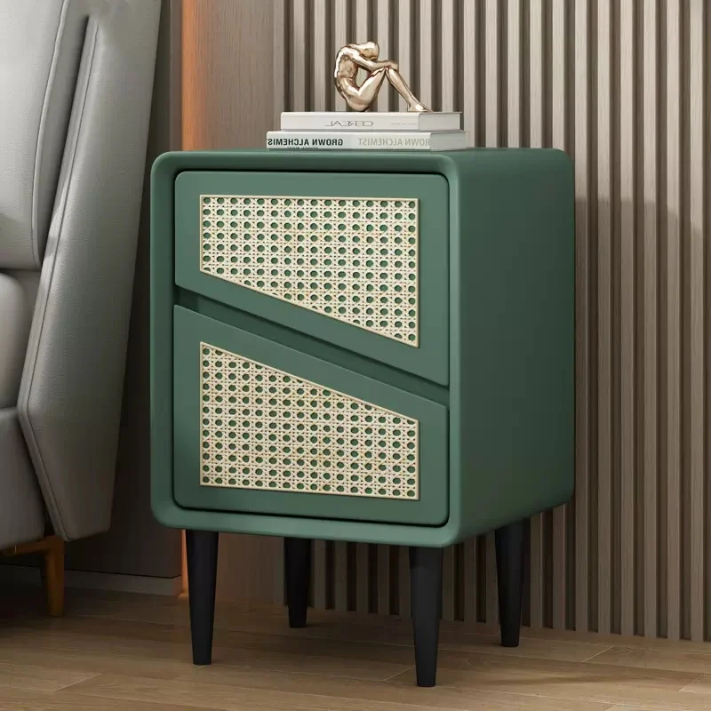 Kreatívne drevené 2 zásuvky na nočný stolík Nordický štýl Rattan Pu kožená spálňa nočná stolík na bočné skrinka