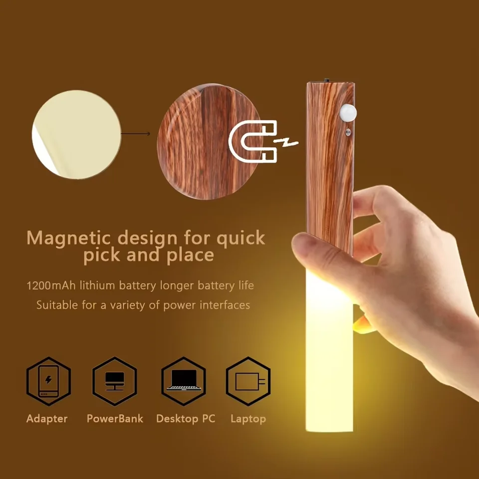 Kreatívne inteligentné LED LED PIR Senzor nočné svetlo Nabíjateľné magnetické drevené steny svetlá svetlá pre chodbu spálne