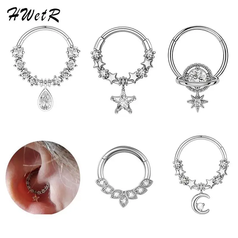 Kreatívne krištáľové z nehrdzavejúcej ocele Septum Clickers Nose prsteň Ženy Tragus chrupavka špirála prepichujúca obručové náušnice