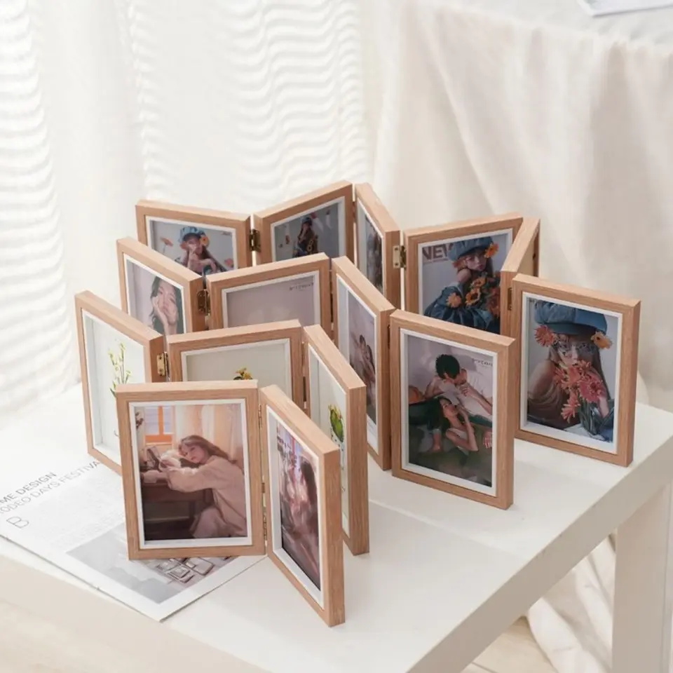 Kreatívne skladacie závesné fotorámiky s dvojitým/trojitým dreveným stolným albumom set 23/4/5 Prepojené obdĺžnikové portrét