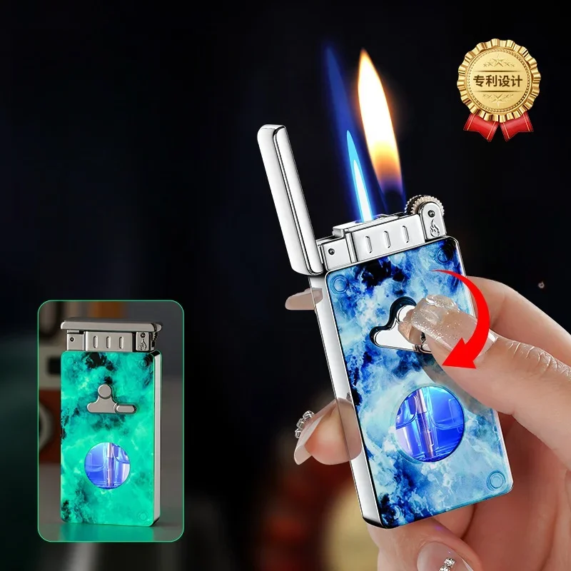 Kreatívny kov Double Flame Butane Gas Spater LED Priehľadné plynové okno Swing Arm Switching Jet Flame Cigar Watchs Fajčenie
