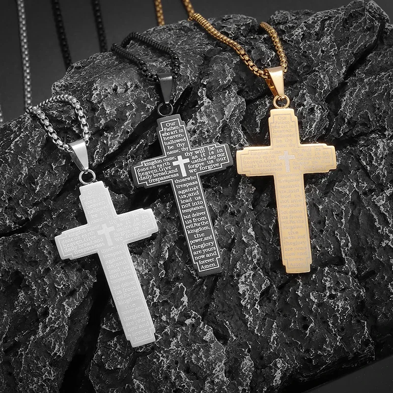 Kresťan z nehrdzavejúcej ocele Krížový prívesok vyrytý biblický náhrdelník pre mužov Ženy katolícke modlitby šťastné amuletové šperky