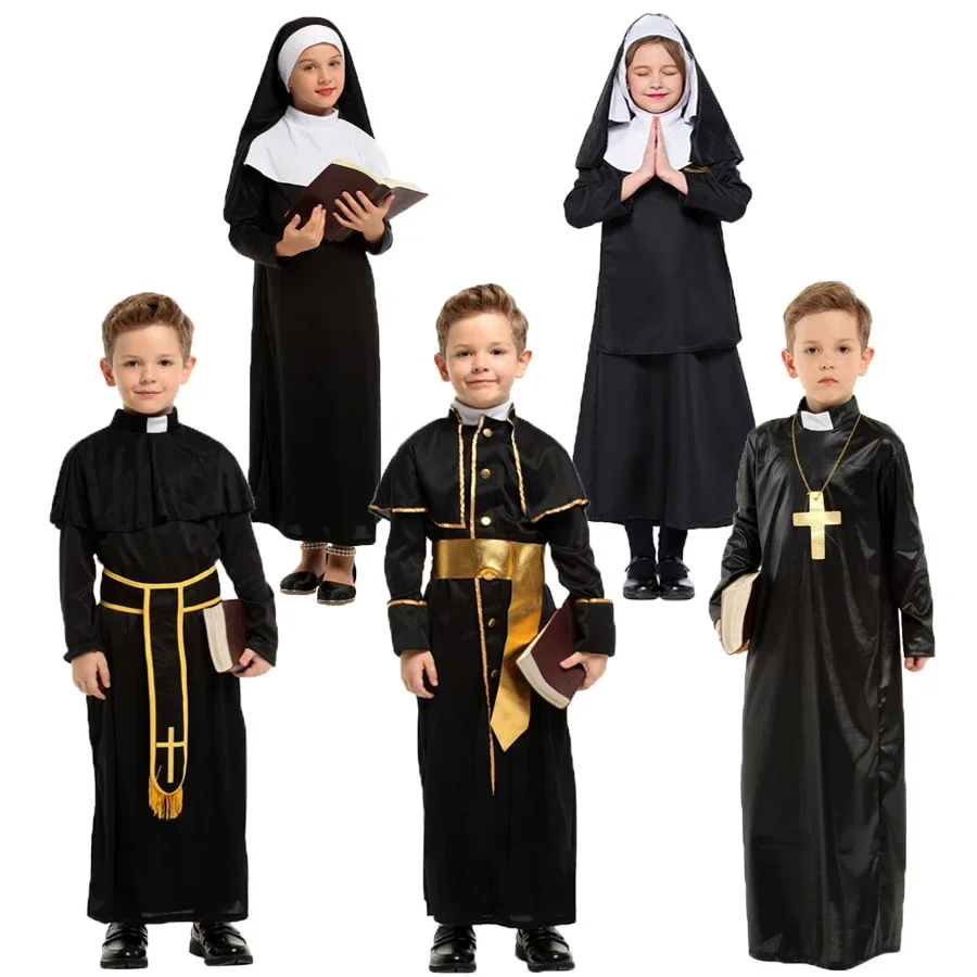 Kresťanský misionár otec kňaz kostým pre chlapcov kostýmy mníšky pre dievčatá deti Dieťa Veľkonočné purivo Halloween Fancy Dress