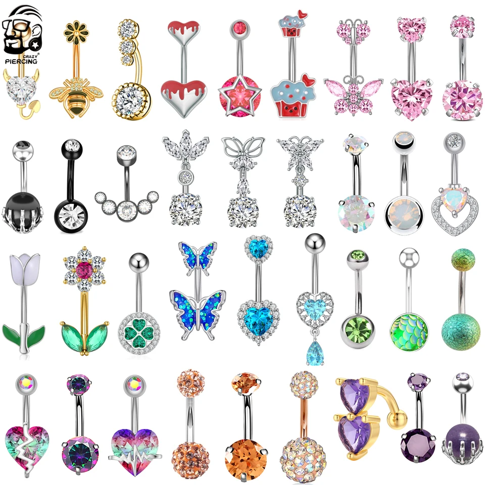 Krištáľové CZS zmiešané v štýle brušné gombíky Piercing Set 3ks/časť srdca kvetinový koláč zakrivený pupk piercing ombligo balenie brušné šperky
