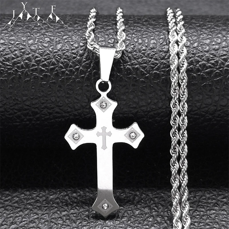 Krištáľový krížový prívesok náhrdelník Ženy Muži z nehrdzavejúcej ocele Strieborné reťazce náhrdelníkov šperky Cruz Collares Hombre NXH1026S05