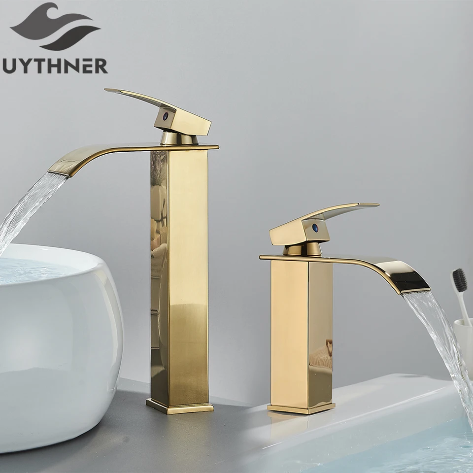 Krsené zlaté povodie Faucety Elegantné vodopádové umývadlo kohútik faucet s jednou pákovou otvor