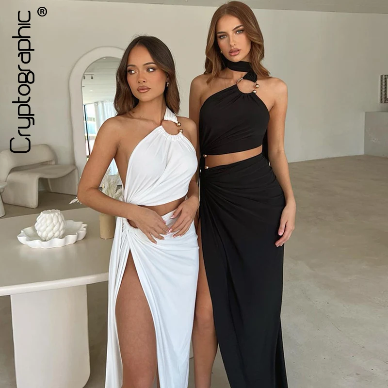 Kryptografická móda sexy vystrihnite backless maxi šaty klub Club Party Elegantné oblečenie bez rukávov hlávky asymetrické štrbiny šaty