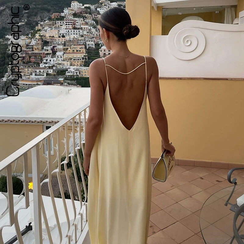 Kryptografické leto Sexy Open Back bez rukávov Slip Maxi šaty vystrihané šaty klubové párty sviatočné elegantné oblečenie saténové vestido
