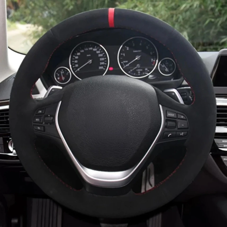 Kryt na volant volantu ručne šipený mäkký čierny pravý kožený semiš pre BMW F20 F21 F22 F23 F30 F31 F34 F32 F33 F36
