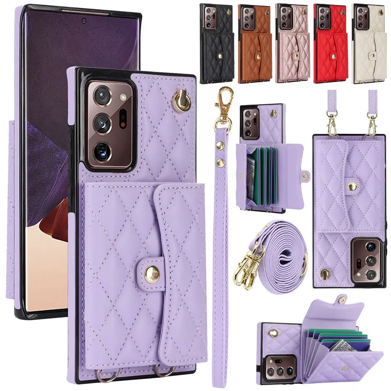 Kryt pre dlhé šnúrky s koženým telefónom pre Samsung Galaxy Note 20 Ultra S23 S22 Plus S21 Fe S20 A14 A54 Cover karty Coque Coque Coque