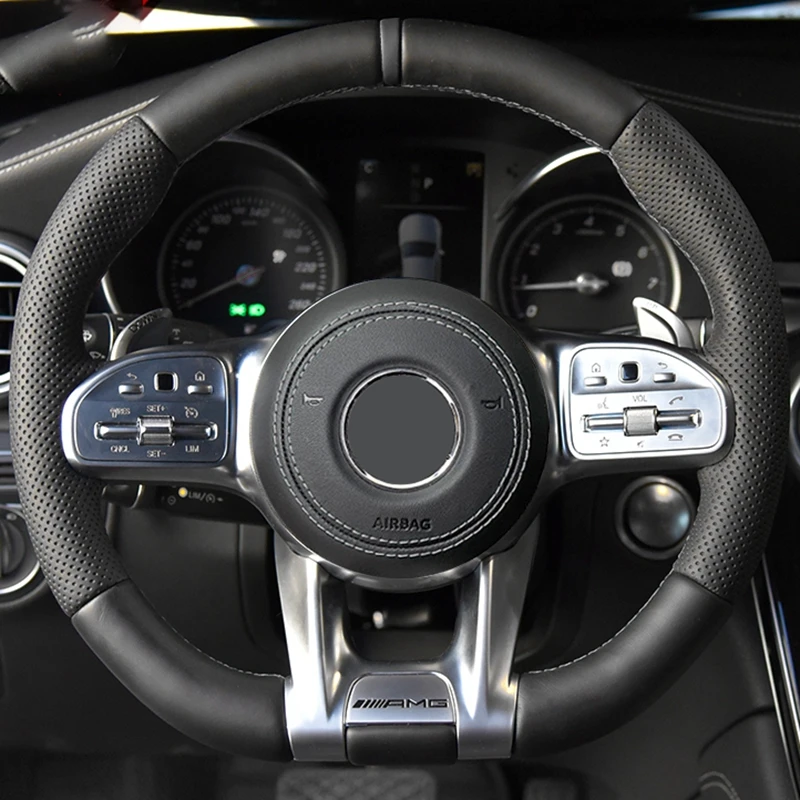 Kryt volantu automobilu pre Mercedes-Benz AMG C43 E53 S63 GLE G63 Ručne zachytávajúce čierne kožené doplnky