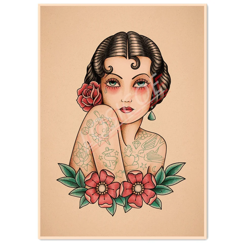 Krása Girl Tattoo Art Plagáty a výtlačky nástenná maľba vintage kraft papier maľba nástenné nálepky Bar kaviareň Domáca dekorácia