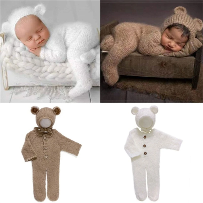 Krásna novorodenecká fotografia REPS Boys Dievčatá oblečenie Mohair Bear Hat Bonnet & Footed Romper Bodysuit Photoshoot kostým P31B
