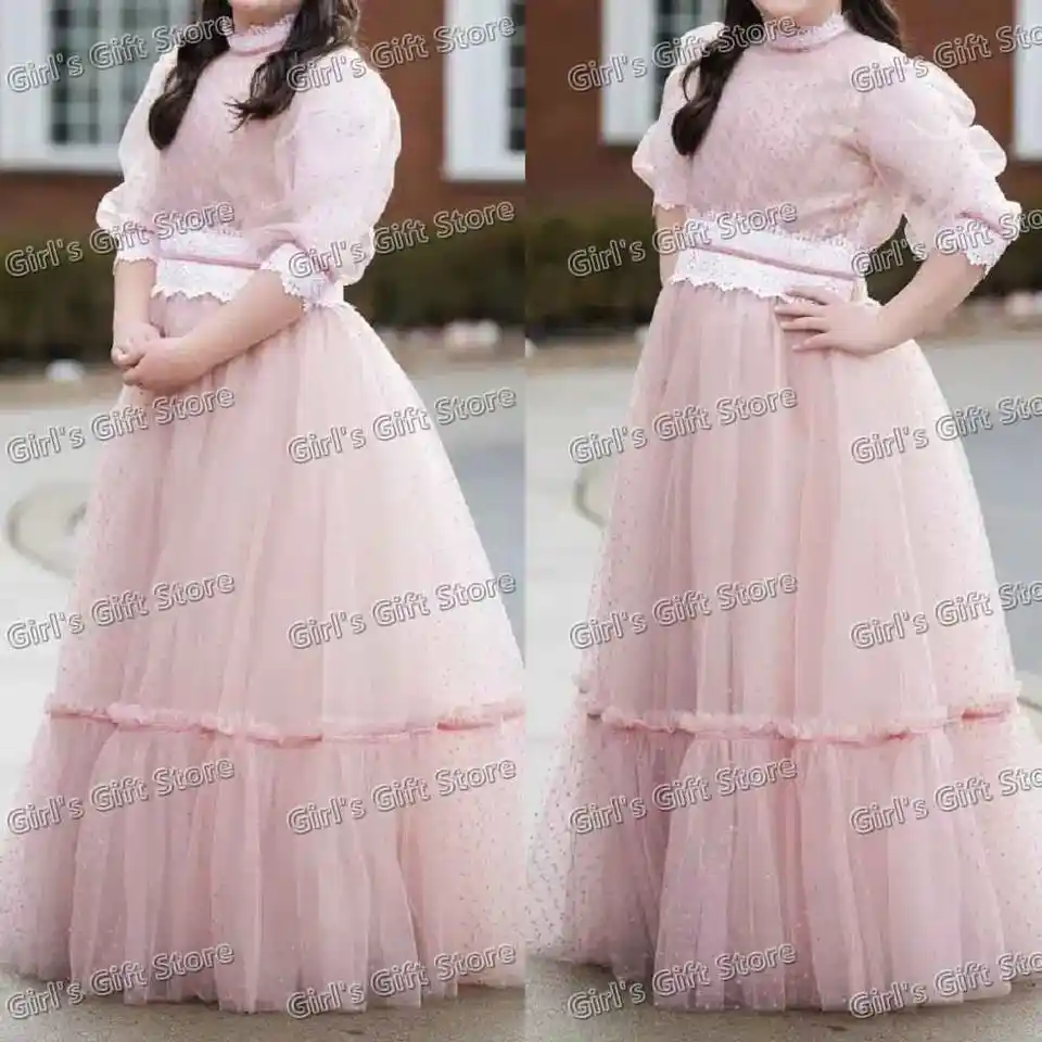 Krásna vlastná bodka typu Tiered Flower Girl Šaty princezná šaty na svadbu nafúknuté 3/4 rukávové družičky prvé spoločenské šaty