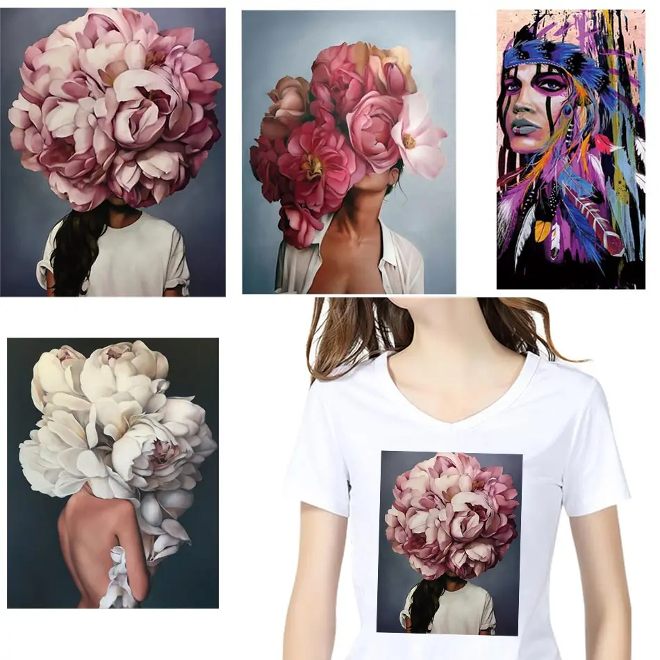 Krásna žena kvety tepelné nálepky na tričku DIY umývateľné železo na prevodoch na clolthes Art Design Patches pre výzdobu oblečenia