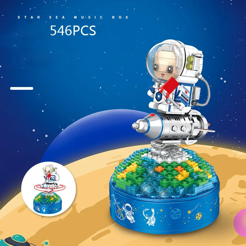 Krásne astronautské figúrky Building Block Block Creative Music Box Construction Kit Brick Vzdelávacie hračky so svetlom pre deti darčeky