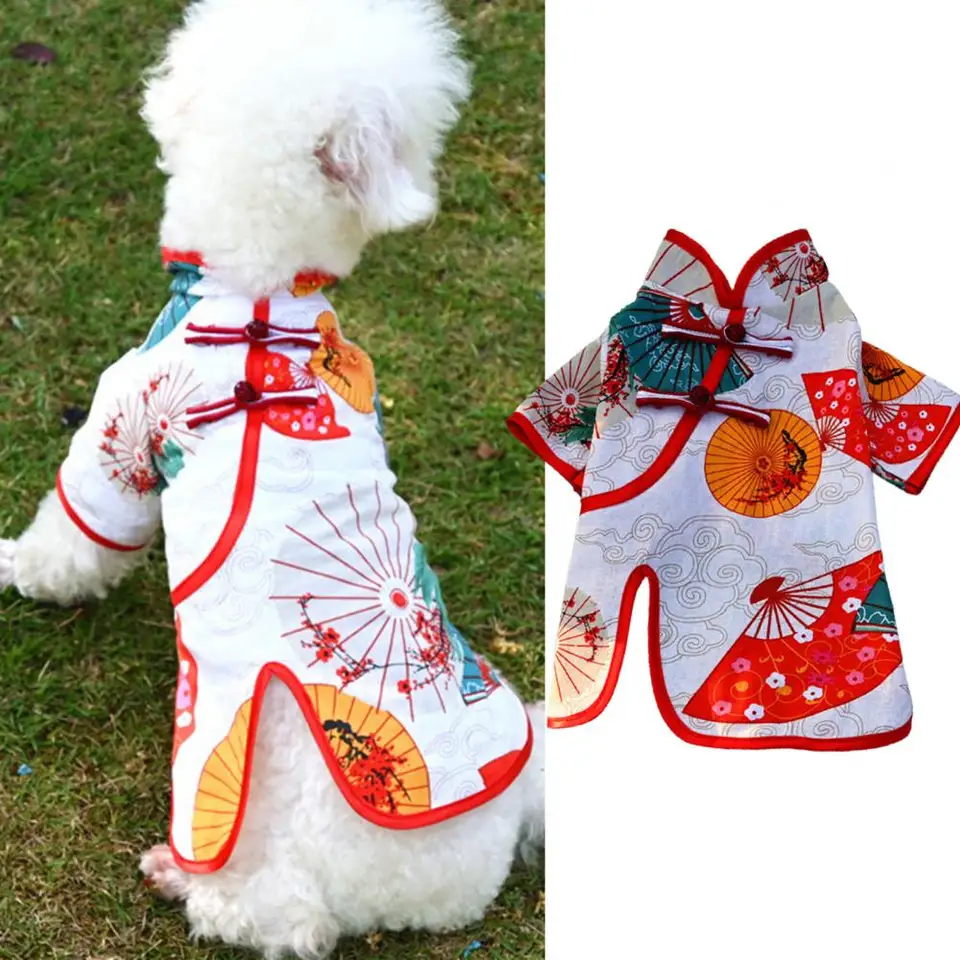 Krásne domáce šaty umývateľné ventilátor Dáždnik Tlač Disk Buckle Puppy Dog Pet vesta vesta Cheongsam Pet Clothing Split Hem