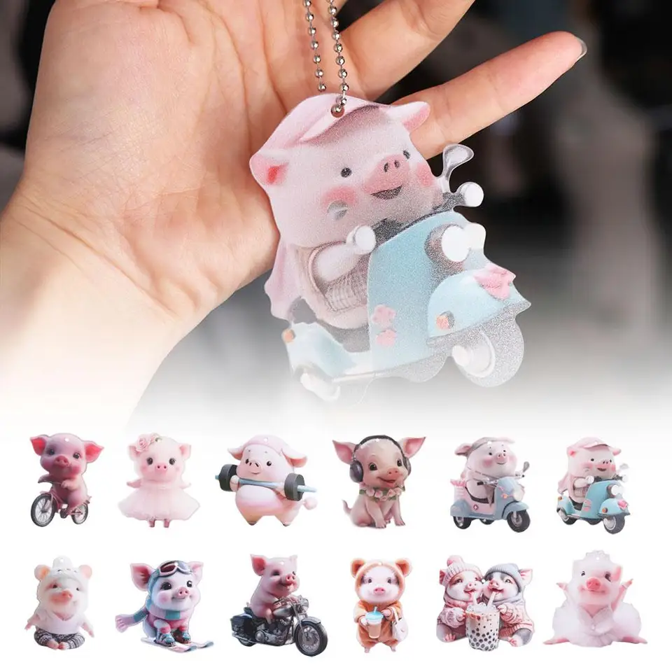 Krásne kreslené cyklistické prasiatko Keychain Roztomilé akrylové prasa prívesok kľúča kľúče vrecko dekorácie pre deti darček šperky