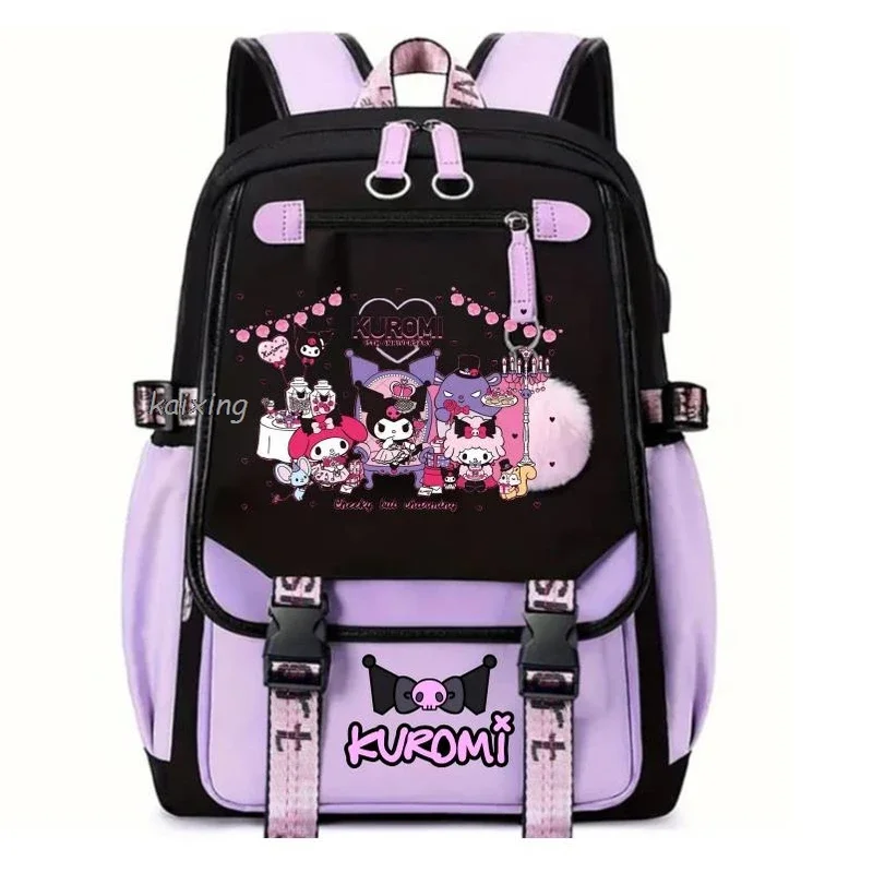 Krásne Kuromi melody batohy USB karikatúra Purpurová tlač dievčat Škola taška Študenti Bookbag dospievajúce ženy Mochila escolar Niña