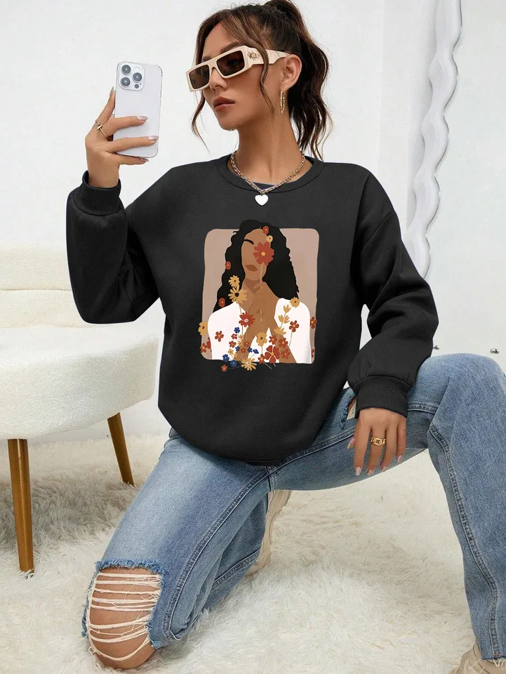 Krásne kvetinové dievča Kreatívne tlačiarenské mikiny dámske teplé rúno hip hop hop crewneck top jesenka módy streetwear
