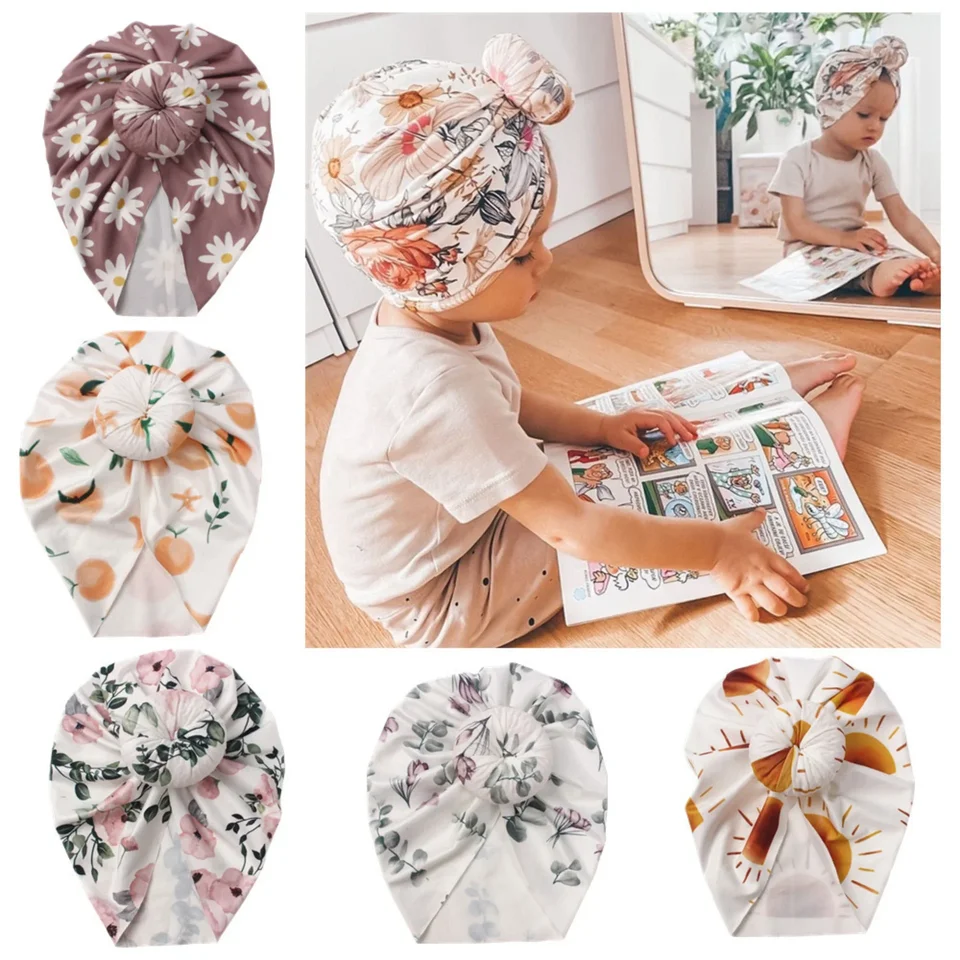 Krásne kvetinové elastické detské klobúky Big Donut Dievčatko Hat Turban Spring Head Wraps Detské deti kapota Beanie Novorodenecký čelenka