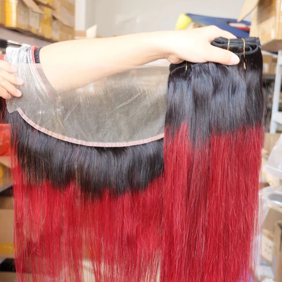 Krásne ombre červené panenské panenské ľudské vlasové zväzky s priehľadnou čipkou 13x4 Lace Frontal Closure hodváb