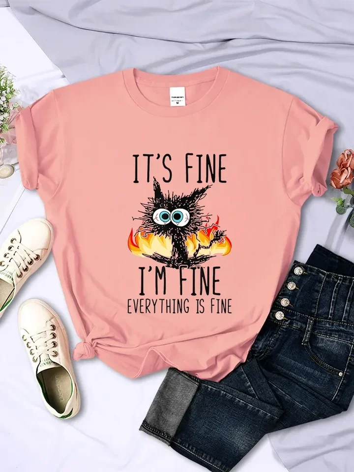 Krásne vtipné čierne mačacie tričko Je to v poriadku, som v poriadku, všetko, jemné Tees harajuku streetwear mačiatka a milenci mačky pre ženy