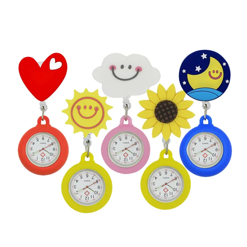 Krásne zatiahnuteľné sestry Hodink Smile Love Heart Rainbow Sunflower Doctor Hospital Clips Clips vrecko na zavesenie Quartz hodinky hodiny hodiny