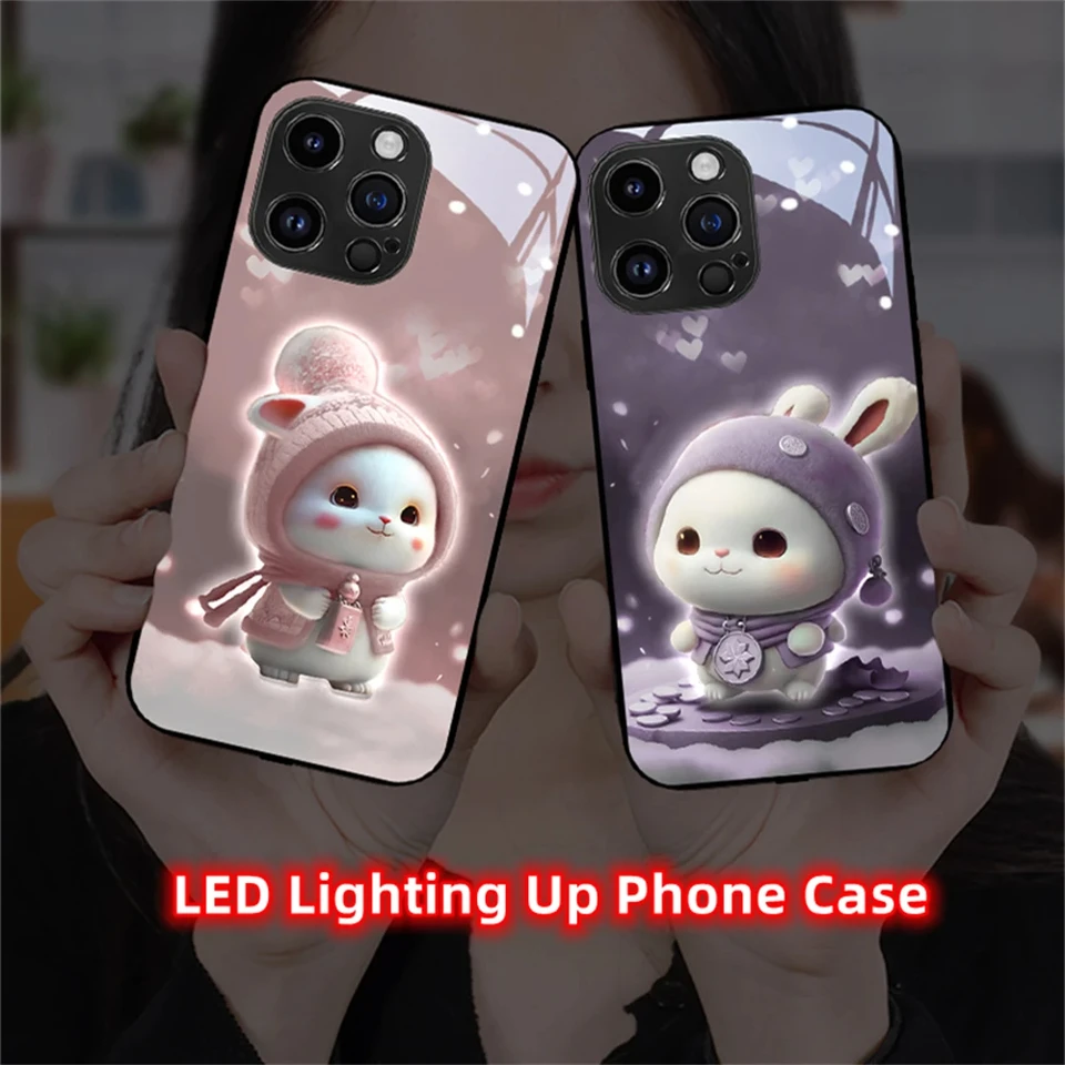 Krásne zimné králičie LED svetlo žiarivé žiarivé puzdro pre iPhone 16 15 14 13 12 11 Pro Max xr xs plus hlasové plášťové škrupiny