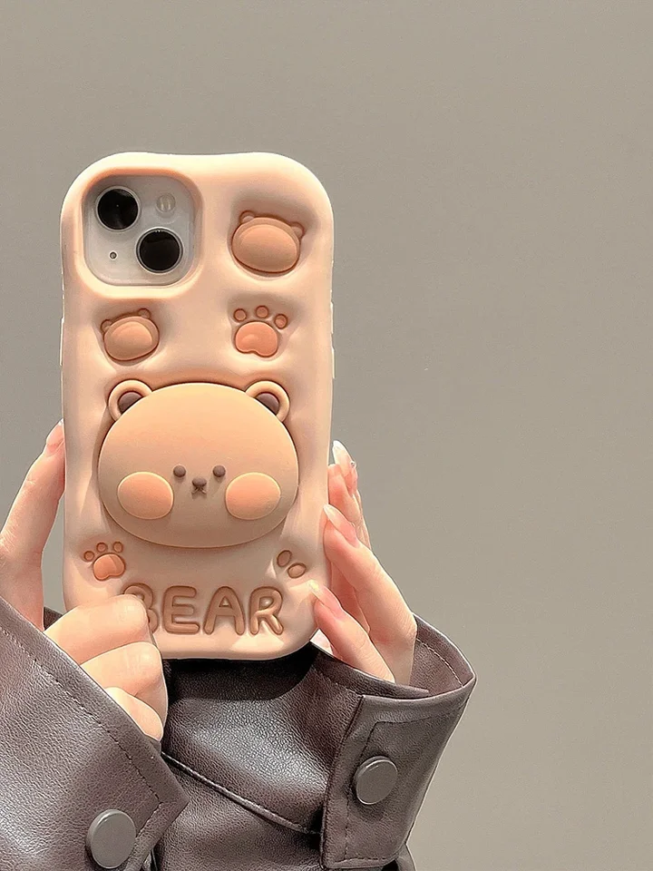 Krásny 3D medveď skrytý držiak stojan na stánok Silikónový telefón pre iPhone 11 12 13 14 15 Pro Max xs xr x 7 8 plus roztomilý dievčenský obal