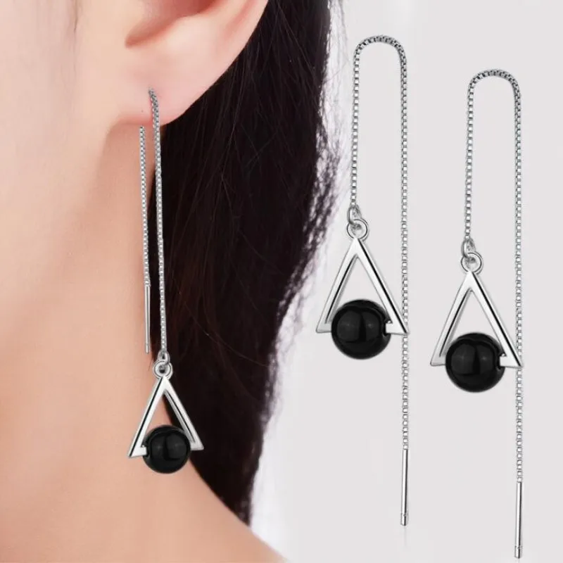 Krásny trojuholník Geometrický 925 Sterling strieborné šperky Dlho prehnané prírodné čierne krištáľové náušnice visiaci E184