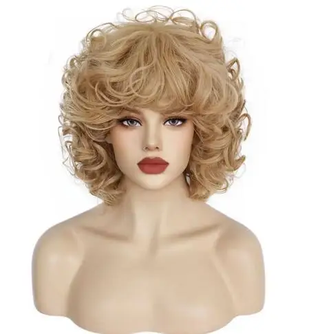 Krátka blondínka hnedá kučeravá zvlnená syntetická piesočnatá tuk Cosplay Dámska parochňa na Halloween vianočnú školu Deň vďakyvzdania