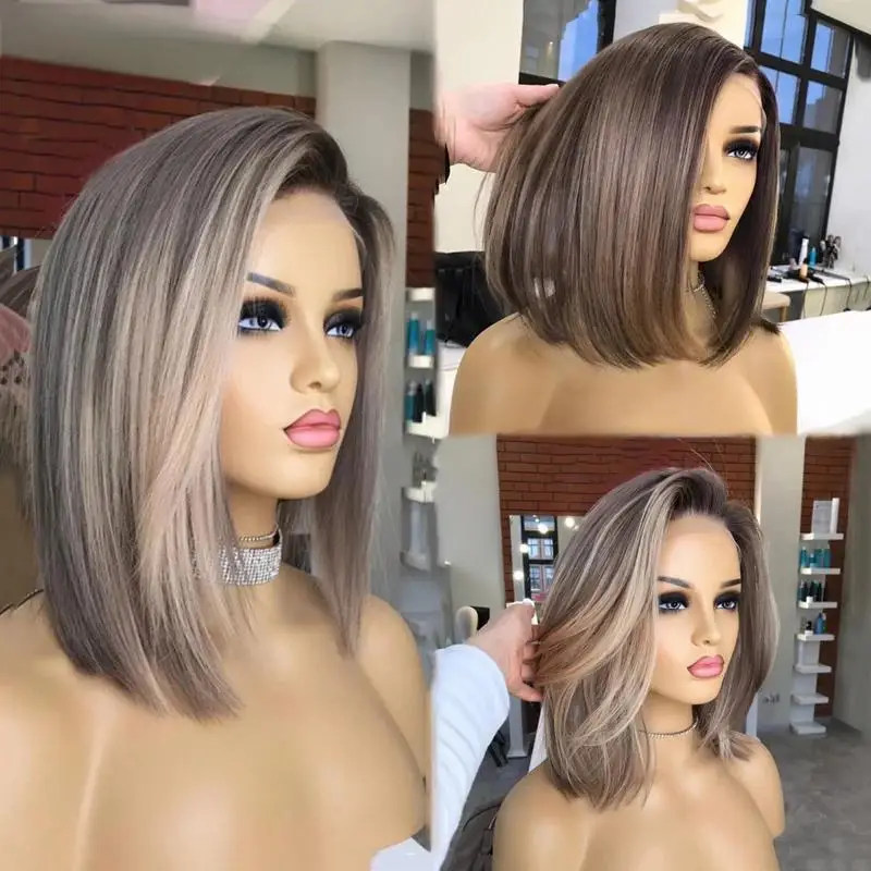 Krátka bobová parochňa Parochňa blondínka sfarbená ľudské vlasy parochne hnedé čipky predné ľudské vlasy parochňa HD Priehľadná čipka čelná predná strana bobovej parochne