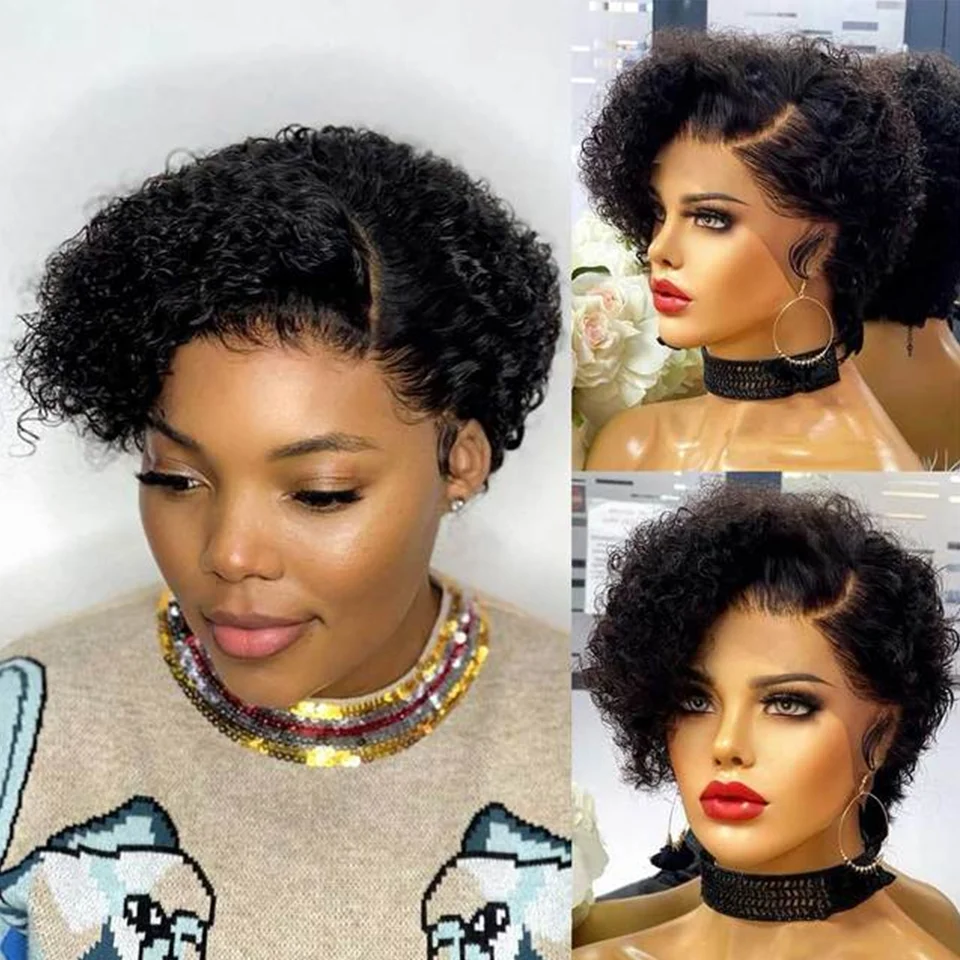 Krátka parochňa Bob Pixie Cut Parochňa kučeravé ľudské vlasové parochne pre ženy, čipky predné parochne Peruvian Deep Wave Lace Parochňa s vopred včelármi vlasov