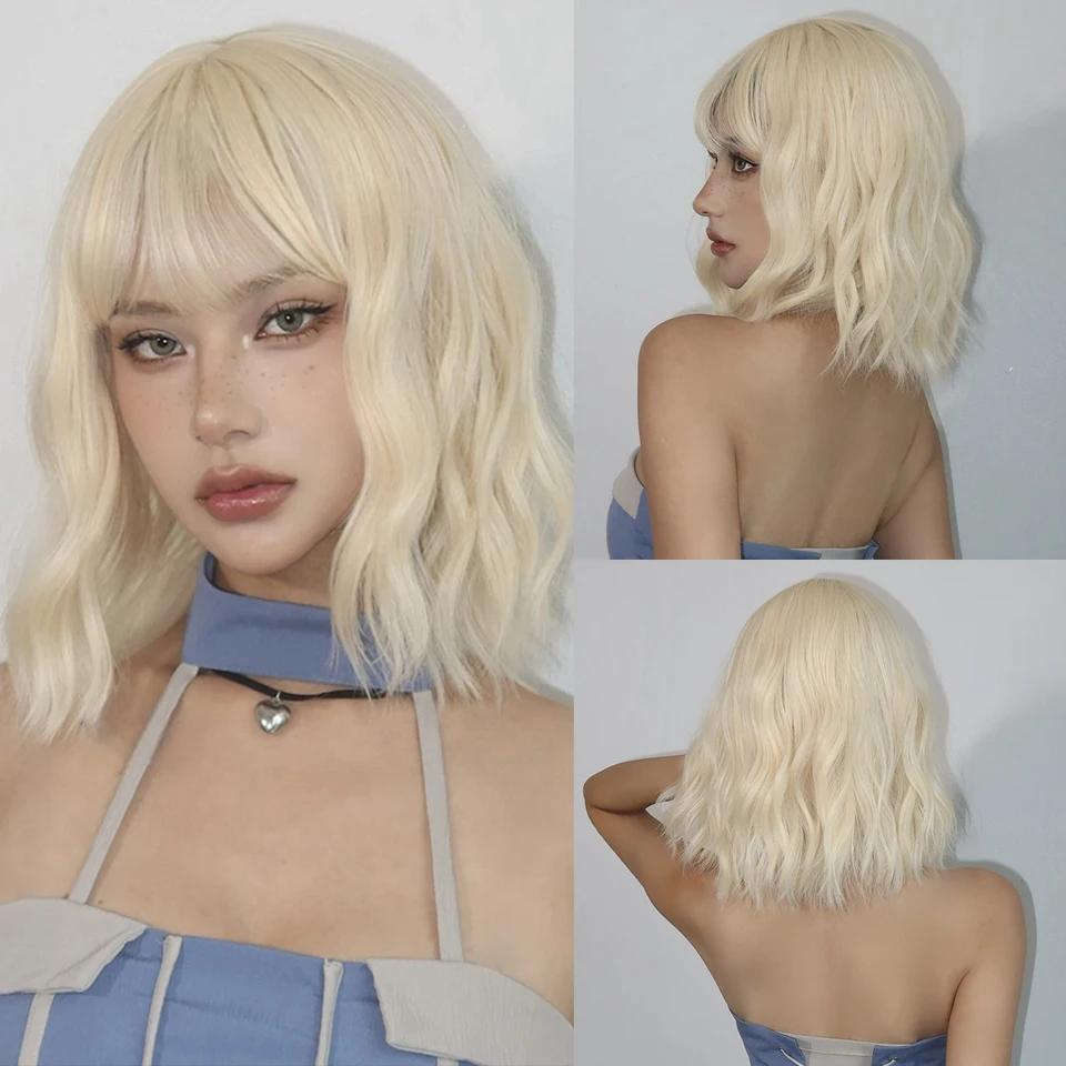 Krátka vodná vlnitá žltá blondínka Syntetická parochňa s ranami béžová blondínka Lolita Prírodná bobová parochňa vlasy pre ženy