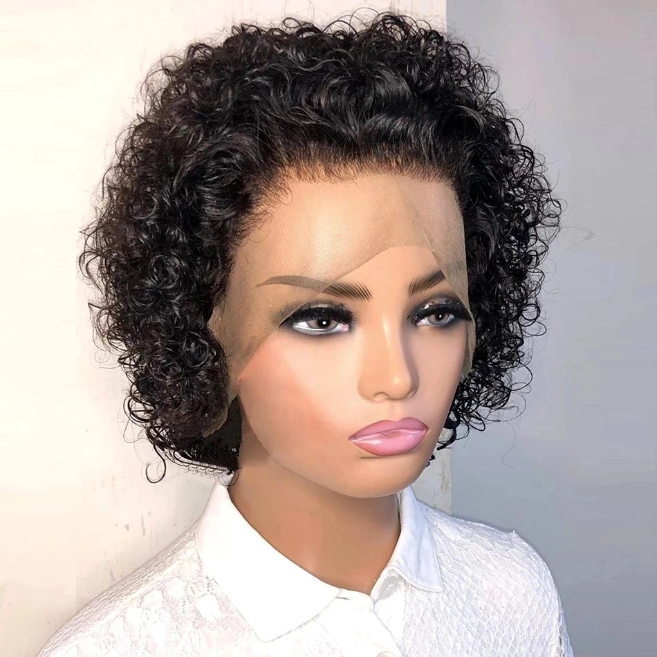 Krátke kučeravé čipky parochne pixie strihané čipka v prednej parochni pre čiernu vínovú farbu Ženy brazílske remy reálne vlasy 150% hustota