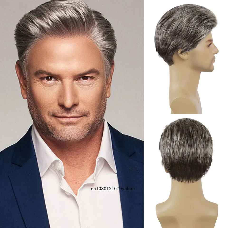 Krátke parochne pre starších mužov Syntetická šedá farba parochňa Toupees Prírodné kučeravé parochne Denne Používajte samčie cosplay