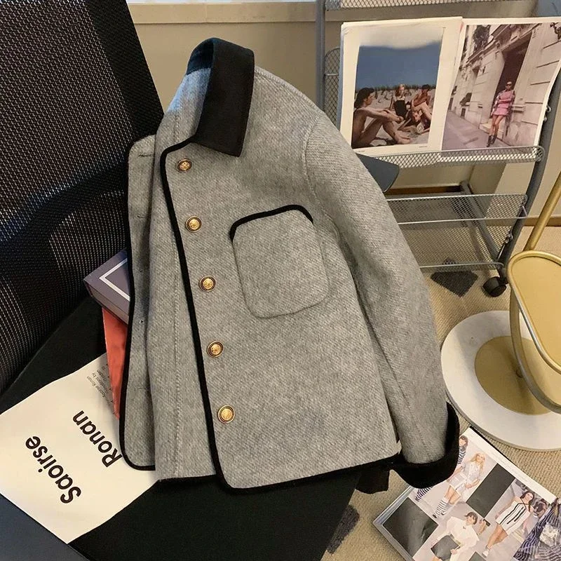 Krátke sivé prešívané kabáty vintage dámske oblečenie kontrast klopa vlnená bunda jeseň zima harajuku jaquetas chaqueta