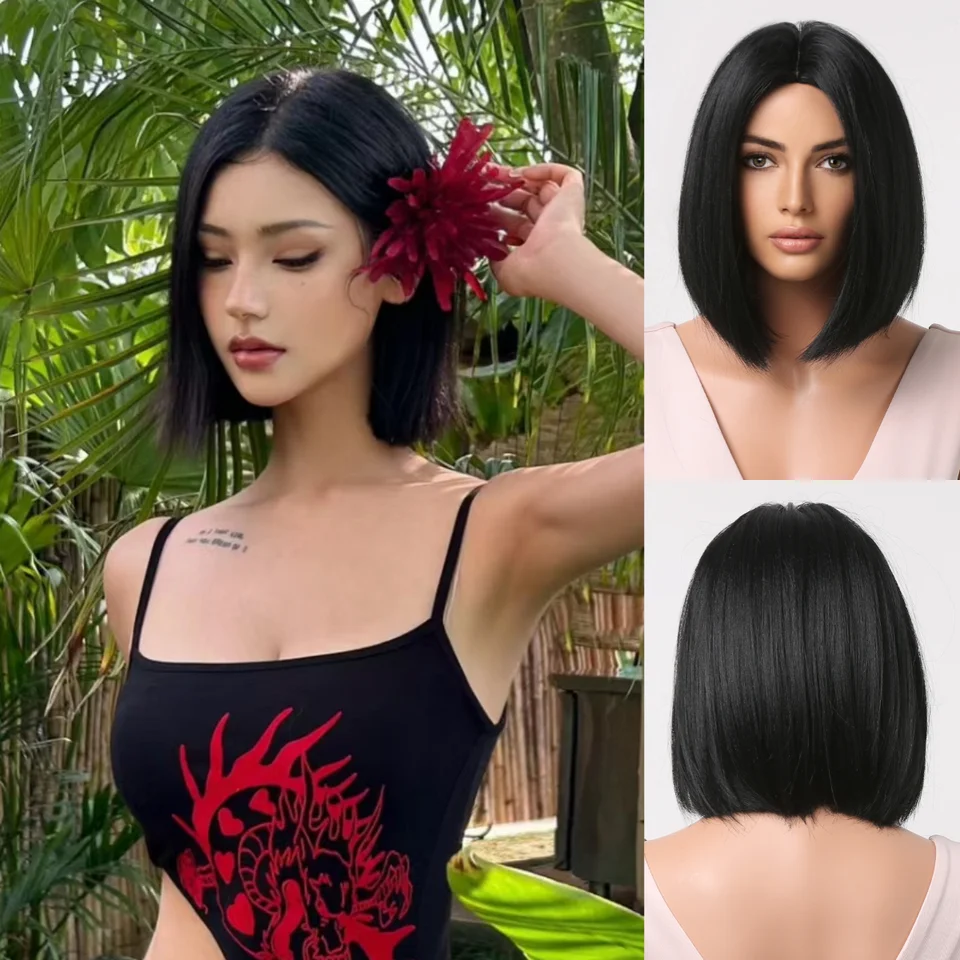 Krátke čierne syntetické parochne pre ženy stredná časť Priame vlasy Bob Parochne afro ženské prírodné každodenné denné cosplay parochne odolné voči tepelne