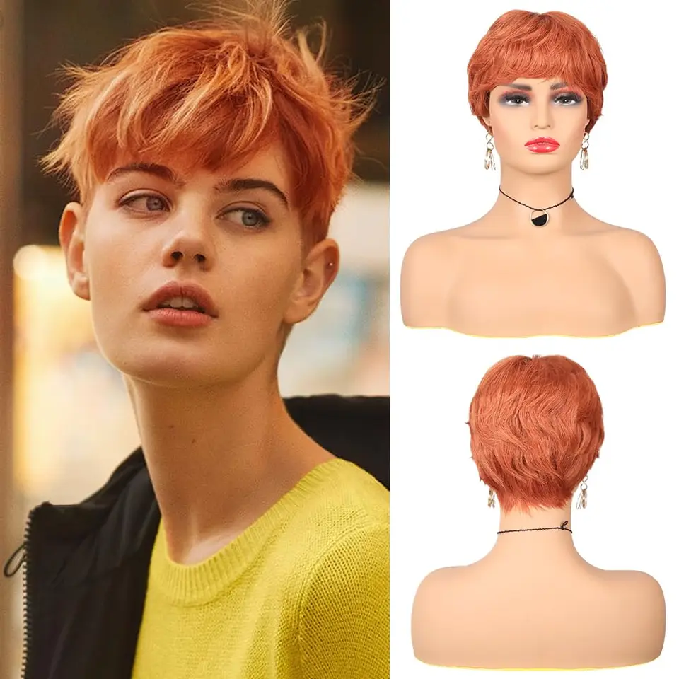 Krátke ľudské vlasové parochne pre ženy, pomarančové farby parochne Pixie Cut Parochne Human Hair, krátke vrstvené parochne vyrobené parochne